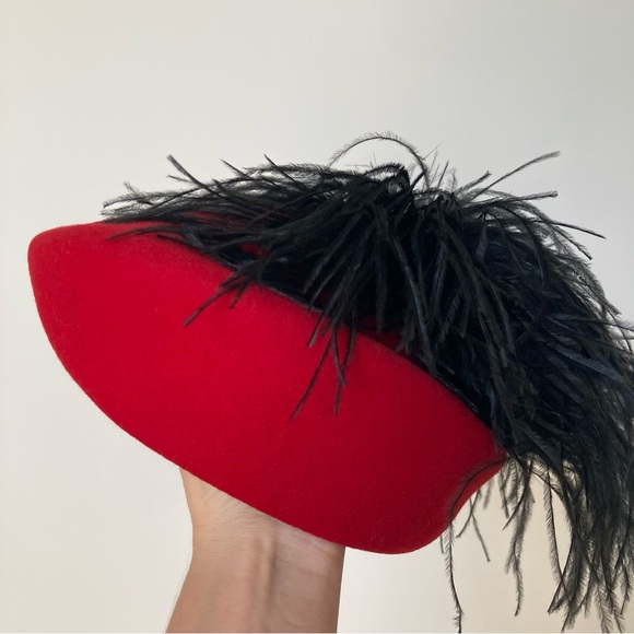 Vintage Red and Black Feathered Hat - Picture 4 of 15